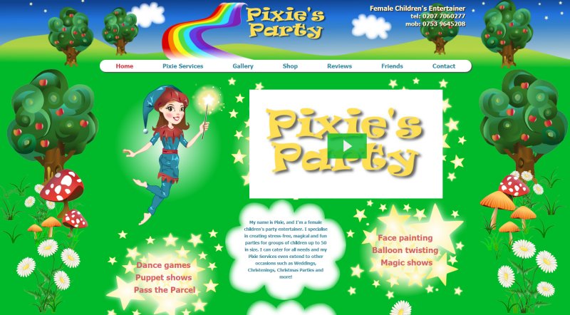 Pixie's Party - Children's Entertainer Website Screenshot